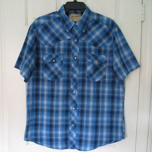 Wrangler Mens S/S Blue Plaid Pearl Snap Western Casual Shirt - Size Large